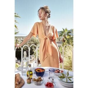 Lulus Summer Journey Light Orange Tie-front Cutout Midi Dress - Size M